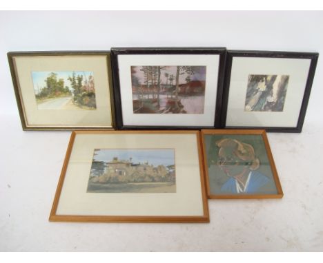 A mixed lot of pictures to include a watercolour of a house, signed MRH, a watercolour of an Australian road signed R. Swift,