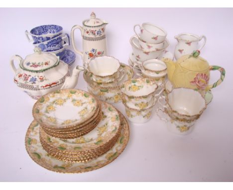 An Edwardian six setting W & Sons Alfonso pattern tea service, Carlton ware lily pad design teapot, Copeland Spode Chinese Ro