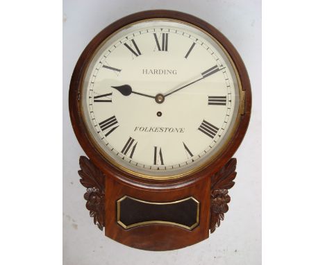 A mid 19th Century mahogany drop dial wall clock, the 30cm cream enamel dial with Roman numerals, minute track signed Harding