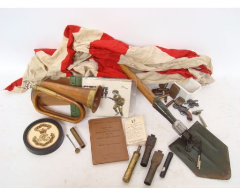 John Grey & Sons bugle in fitted case, a folding trench spade, metal vesta cases etc. 