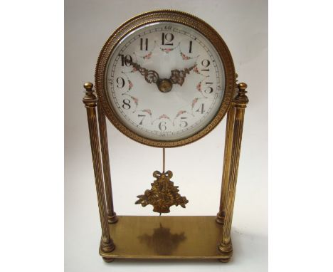 An early 20th Century French gilt brass portico clock, the white enamel dial with Arabic numerals and minute track painted wi