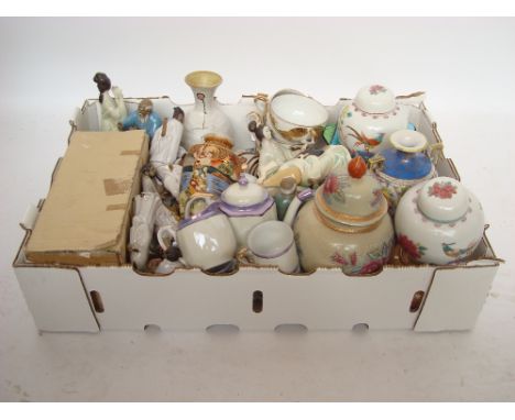 A mixed quantity of oriental ceramics to include a pair of Chinese ginger jars and covers, various figurines, Japanese Kinjo 