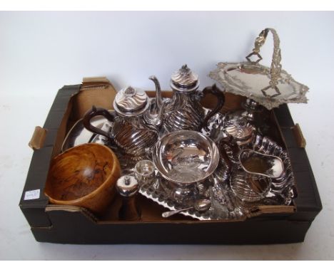 A French style silver plated four piece spiral fluted baluster form coffee service with matching oval tray together with a su