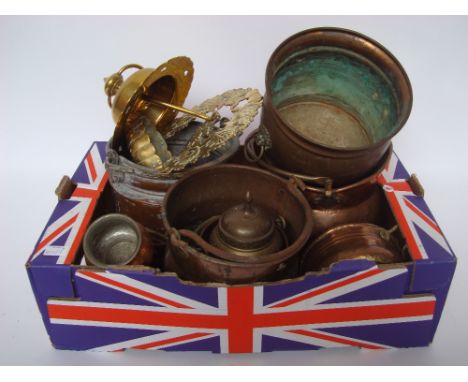 Mixed copper and brass to include a planter, helmet shaped coal scuttle and various Indian pails and other vessels, a brass h