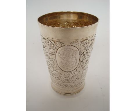 Welsh Golf Interest.  A late Victorian silver prize beaker, Sheffield, 1891, by Henry Stratford.  Of tapering form, foliate e
