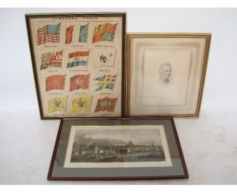 A 19th Century chromolithograph print of 'Standard Flags' together with a steel engraving with colour of the Thames Embankmen