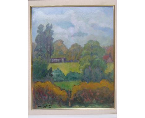Antoinette Holland (Dutch, 1921 - 2011)
Kent Landscape, oil on board, signed dated, 1984, 57 x 47 cm, framed Notes Antoinette