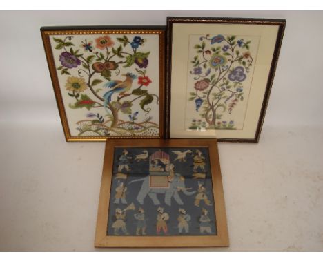 A wool tapestry of an exotic bird perched on a flowering branch, another similar of flowers and needlepoint tapestry picture 