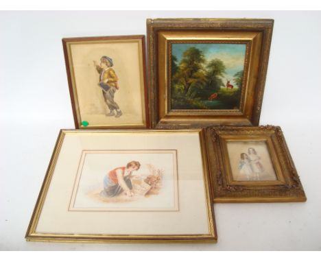 A mid 19th Century watercolour portrait of two standing young girls signed WB, gilt gesso frame, 19th Century watercolour of 