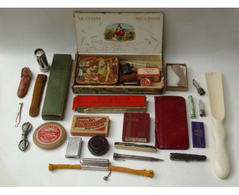 A mixed lot to include an ivory shoe horn, a Ronson lighter, Domino razor (boxed), folding pocket knives. 