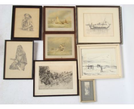 Catherine Maud Nichold RE. Roofscape etching, signed in pencil together two pencil drawings 'Kikuyu snuff seller' and another
