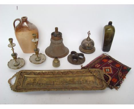 A mixed lot to include a pair of 19th Century brass Gothic revival candlesticks, a late 19th Century green glass 'The Philant