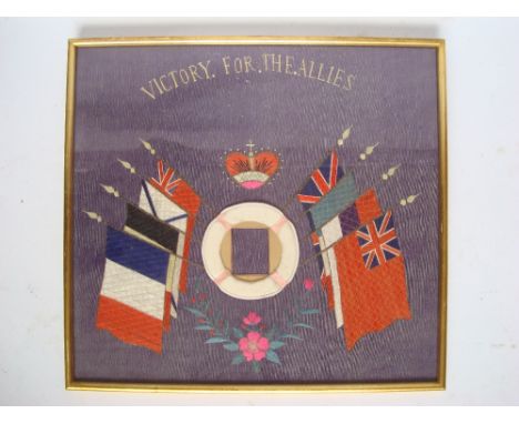 A First World War Naval silk embroidered picture entitled 'Victory for the Allies' with central life belt with inset for a ph