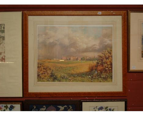 A William Binnie large colour print of St Andrews Golf Course, in maple frame.  