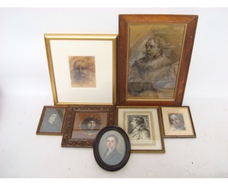 A mixed lot of pictures to include an 18th Century style portrait of a gentleman in the oval, painted on board; a charcoal ha