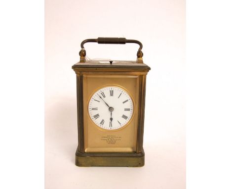 Attractive French repeater carriage clock striking on a gong, the gilt face inscribed "Examined by Herbert Blockley, Succeede