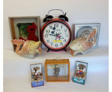 A mixed interesting lot to include oversized alarm clock featuring Mickey Mouse, a framed modern clock, a further relief pict