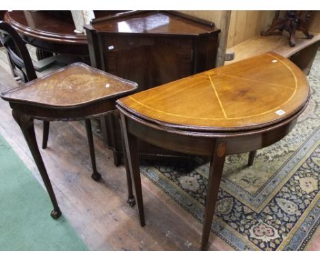A 19th century mahogany demi lune card table, eight reproduction sabre leg dining chairs and a corner table
