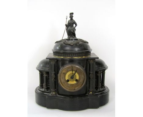 19th century black slate mantle clock, the two train dial with gilt chapter ring fitted with Arabic numerals within an archit