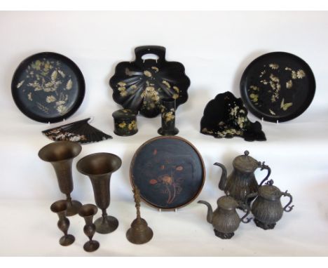 A collection of Victorian ebonised papier mache to include a string box, a scallop shell dust pan, a bracket; together with f