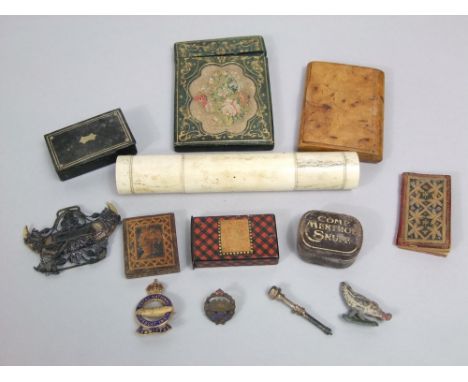 A Victorian leather and tapestry card case, small early 19th century Almanac, burr timber snuff box, bone canister, etc