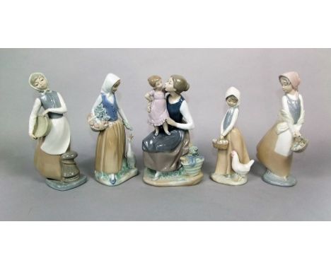 A collection of four Nao figure groups of a woman and child, a woman with goose, etc, together with a further similar style f