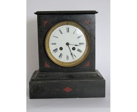 19th century black slate mantle clock, the 4.5 inch enamel dial fitted with a two train movement, 26 cm high