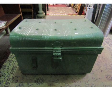 Green painted tin trunk, together with a set of cast metal scales (2)