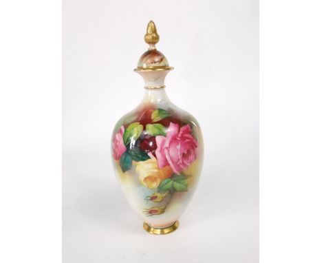 A Royal Worcester vase and cover with painted rose decoration signed H Martin, with green printed mark to base and number 294