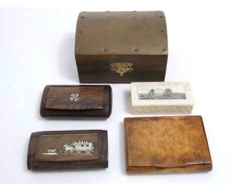 19th century bone work snuff box with whaleing scrimshaw detail, burr wood snuff box, two rosewood examples, a further brass 