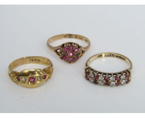 Three rings comprising; a pink ruby and diamond example in unmarked yellow metal, a 15ct example set with pink topaz and rose