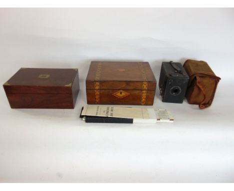 Two 19th century boxes, one with brass banding together with a further boxed supreme slide ruler and further vintage camera (