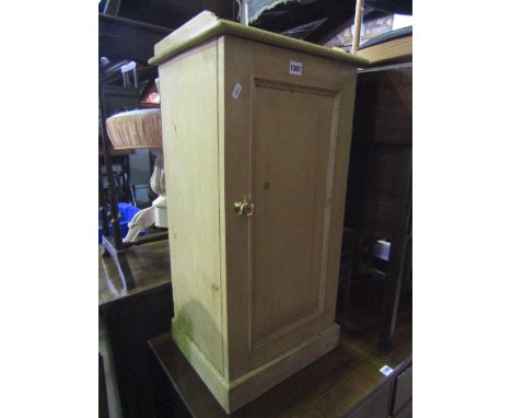 A 19th century stripped pine bedside cupboard with shallow three quarter gallery over a rectangular moulded panelled door wit