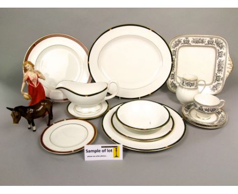A collection of Wedgwood tea wares with black classical style border detail, Royal Worcester Carina dinner wares including a 