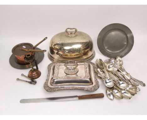 Mixed collection of silver plate to include various flatware, a large silver plated cloche, together with pewter plates, copp