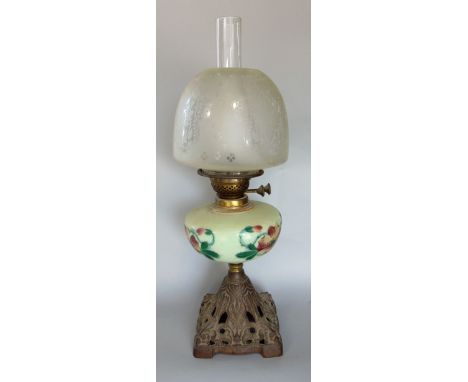 19th century cast metal oil lamp, with hand painted opaline glass reservoir, 49 cm high including shade