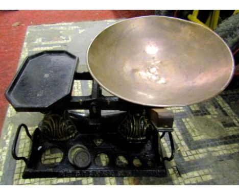 A set of Victorian cast iron kitchen scales and weights together with a small quantity of modern scatter cushions, etc