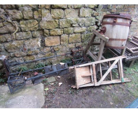 A vintage coopered oak butter churn and pine stand together with a small folding wooden step ladder (sold for display purpose