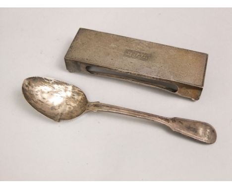 1930s engine turned long table top match box holder; together with a further Scottish silver table spoon, 6oz approx (2) (AF)
