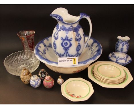 A 19th century blue and white printed jug and basin set, together with further ceramics and glassware including a Royal Alber