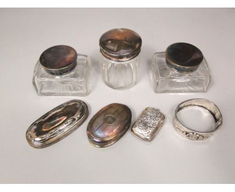 A mixed collection of bijouterie type silver to include a pair of silver lidded ink wells, each enclosing original glass stop
