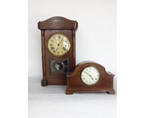 A vintage two train oak drop dial mantle clock the gilt dial inscribed Bristol Bridge, striking on a gong; together with a fu
