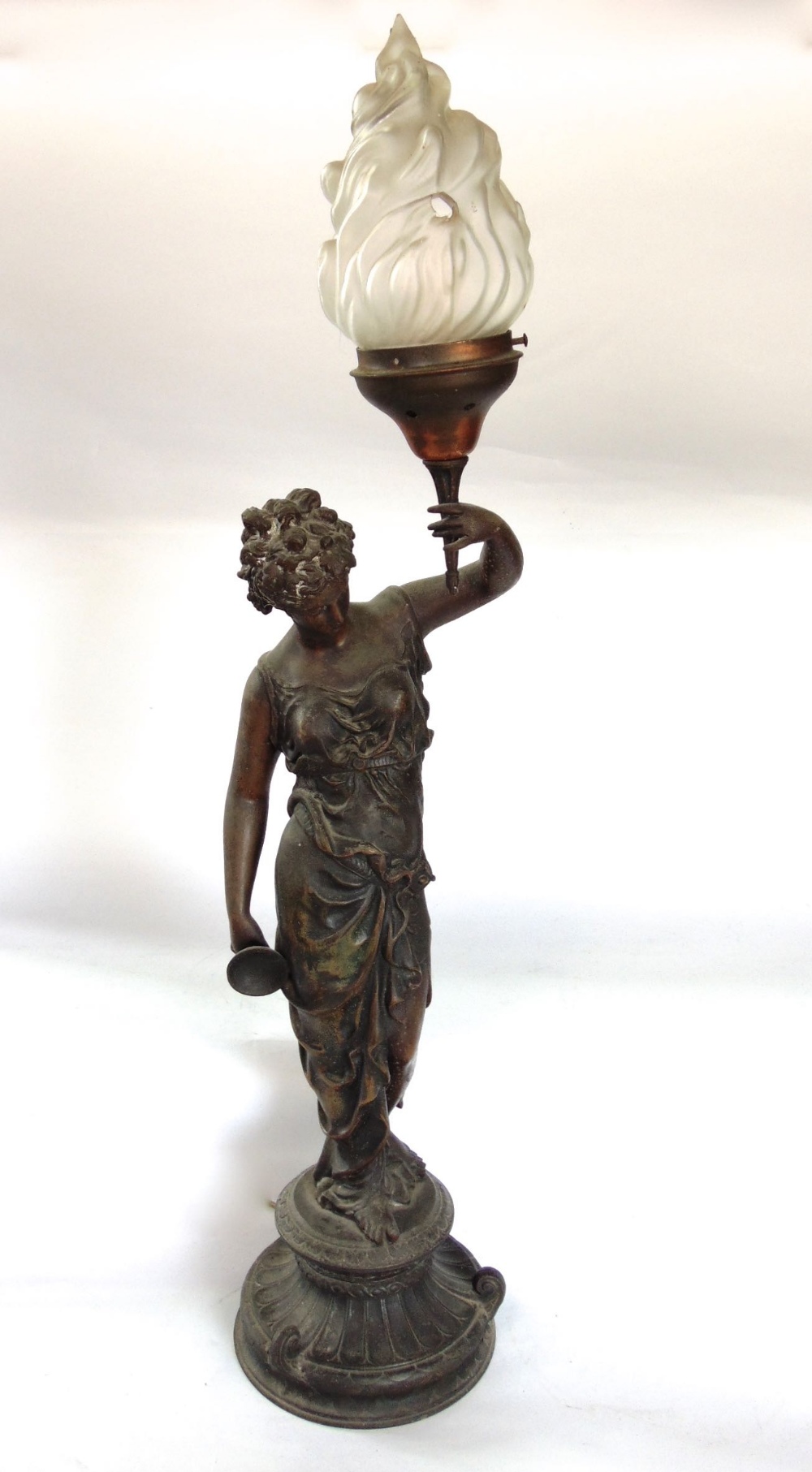 French bronzed spelter figural table lamp of a robed female holding a