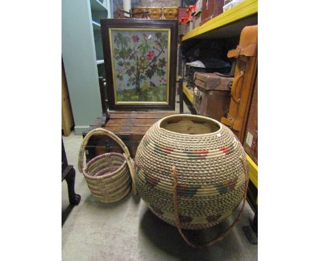A 19th century pine, timber lath and steel re-enforced travelling trunk; together with a woolwork firescreen and two shaped l