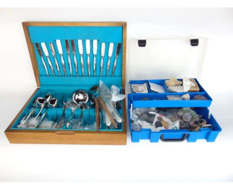 A box containing a collection of geological specimens and gems; together with a vintage cased canteen of cutlery