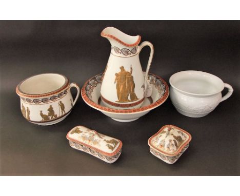 A Victorian jug and basin set with printed classical style decoration comprising jug, basin, chamber pot, soap dish and cover