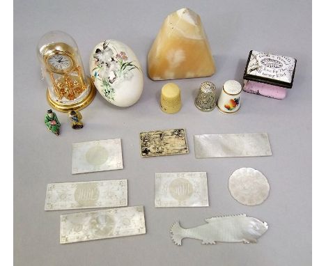 Bilston enamel patch box, mother-of-pearl gaming counters, hand painted egg, etc