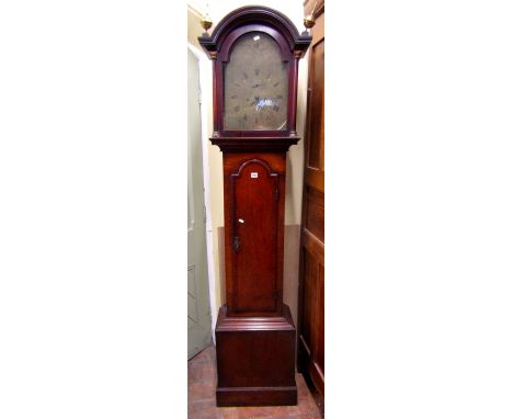 A Georgian mahogany longcase clock, the trunk with full length door crossbanded in walnut, the hood of arched outline with si