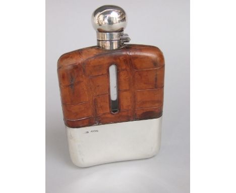 Early 20th century silver leather and glass hip flask, maker J.D. & S. Sheffield 1915, 16 cm high