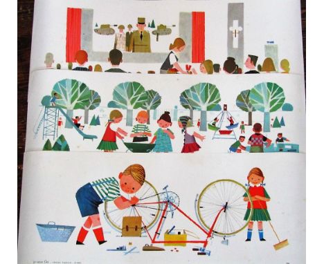 A collection of French coloured nursery/educational prints of children playing, shopping, mending bicycles, etc, inscribed J 